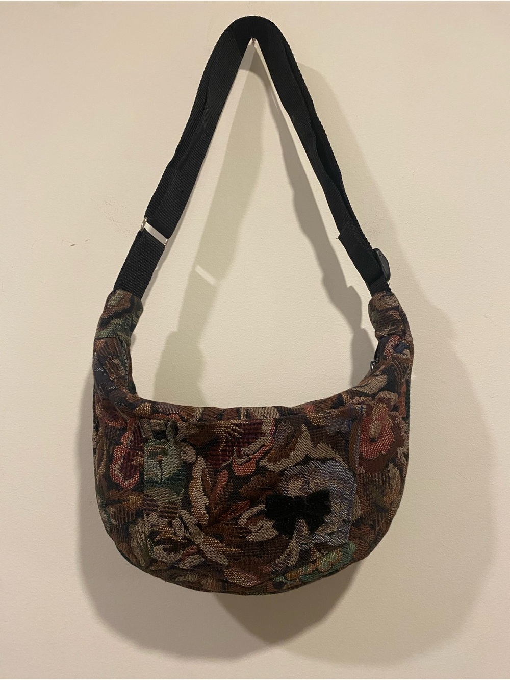 Handmade tapestry crescent bag with bow